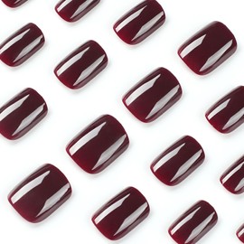 Wind Red Press On Naills Short Square Fake Nails Wind Red Nails Press Ons With Artificial Glossy Designs Acrylic False Nails Full Cover Glue On Nails Reuseable Stick On Nails For Women