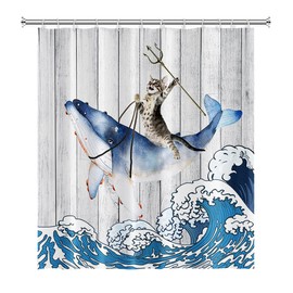 SDOTPMT 122 x 183 cm Funny Cat Riding Whale Shower Curtain Vintage Wooden Floor Japanese Sea Ocean Wave Bath Curtain Cute Cartoon Bath Curtain Waterproof for Bathroom Bath Curtain with Hooks