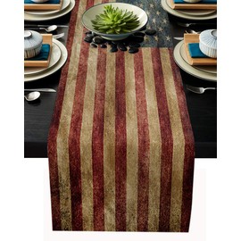 Greeeen Cotton Linen Table Runner, US Flag Kitchen Table Runners for Family Dinner, Banquet, Parties and Celebrations, Vintage American Flag Table Decor, 13 x 48 inch