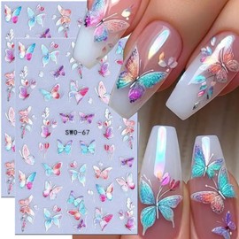 Colorful Butterfly Nail Art Stickers Decals 2PCS Butterfly Flower Nail Decals Self-Adhesive Butterflies Nail Stickers Spring Summer Nail Art Supplies Cute Manicure Supplies for Women Nail Decorations