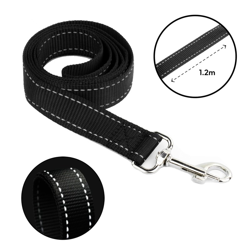 KCT Reflective Dog Lead 1.2m 4ft Black Nylon Strong Leash