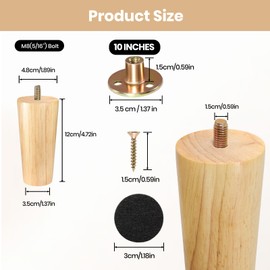 Zllzpzd Wooden Furniture Feet, Pack of 4 Wooden Feet for Furniture, Conical Replacement Table Legs, 12 cm Cabinet Feet with Mounting Plate and Felt Gliders, Furniture Legs for Sofa, Bed, Dresser