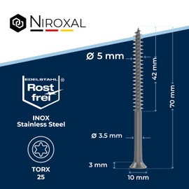 Stainless Steel Screws Torx Wood Screws 5 x 70 Stainless Steel V2A Rustproof Chipboard Screws for Wood Partial Thread 5 mm Thick 70 mm Long Pack of 10 Screws Wood A2