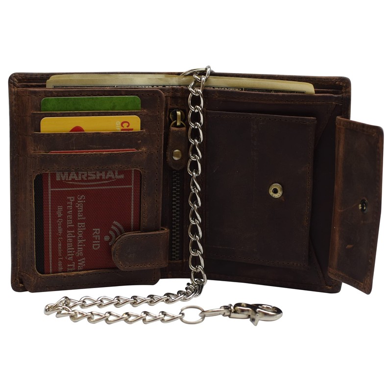MARSHAL Men's Chain Biker Vintage Leather RFID Blocking European Style