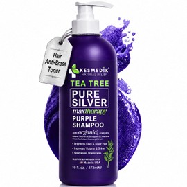 KESMEDIK Champú Morado Con Árbol De Té, Matizador Profesional Anti-Amarillos, Neutraliza Los Tonos Amarillos En Cabello Gris, Plateado, Ceniza Y Con Mechas Decoloradas, Alivia El Cuero Cabelludo Seco
