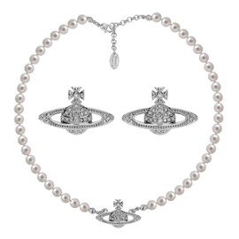 Dreuyet Saturn Pearl Necklace and Earrings Set Crystal Planet Earrings Dainty Artificial Pearl Choker Necklace Charm Gifts for Mum Wife Girlfriend Wedding Birthday Anniversary (Silver Planet set)