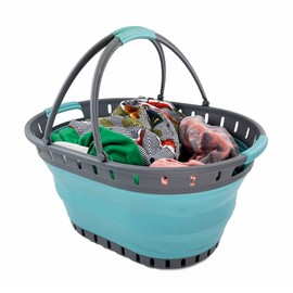 SAMMART 25L (6.6 gallons) Collapsible Plastic Laundry Basket with Handle - Foldable Pop Up Storage Container/Organizer - Portable Shopping Basket - Pop up saving (Grey/Crystal Blue)