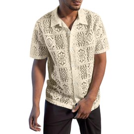 Mens Lace Sheer Button Down Shirt Floral Meshed Short Sleeves Knit Shirts Tee Top Openwork Beach Casual Vacation Light Yellow Large