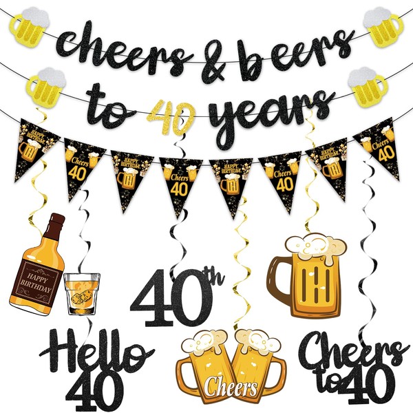 Black Gold 40th Birthday Decorations for Him Men, Glitter Pre-Strung