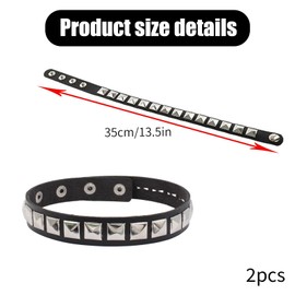 2pcs Leather Studded Punk Bracelet for Men Women 80s, Leather Square Stud Side by Side Collar Punk Accessories Rock Bracelet,Black Armband With Silver Studs,Perfect for Cosplay,Stage Performance,Party