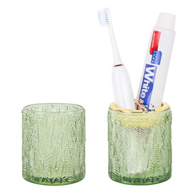 Tonxus Toothbrush Holders for Bathrooms,2pcs Glass Toothbrush Holder Set,Clear 10oz Bathroom Tumbler Cup,Reusable Mouthwash Cup,Cute Countertop Organizer for Bathroom Accessories(Green)