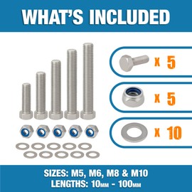 M6 x 40mm Hex Head Nuts and Bolts and Washers Set (5PK) A2 Stainless Steel, Fully Threaded Hex Head Cap Screws For Construction, Automotive, Machinery