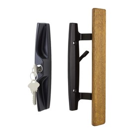 FPL Lanai Sliding Glass Door Handle Set with Oak Wood Pull in Black Finish, Includes Key Cylinder, Standard 3-15/16” CTC Screw Holes, 1-3/4" Door Thickness