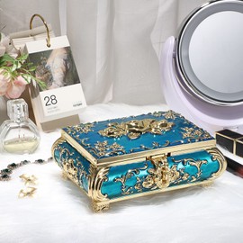 SUMNACON Vintage Metal Small Jewelry Box Trinket Box with Gold Flower Pattern, Retro Trinket Storage Organzier Box Jewelry Holder Box for Rings Earrings Necklace, Light Blue (Size L)