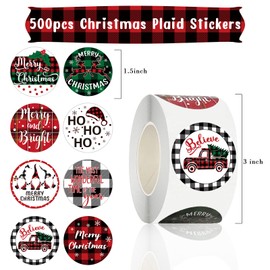 500pcs Christmas Stickers Roll 1.5 Inch Buffalo Plaid Merry Christmas Stickers Self Adhesive Christmas Holiday Stickers for Kids Cards Envelopes Seals Party Gifts Boxes Decorations