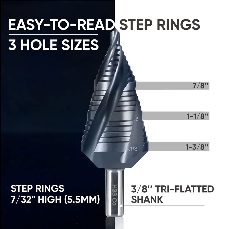 toolant Four Spiral Flute Cobalt Step Drill Bit(Pro), 3/16" -