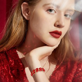 BriLove Wedding Bridal Bracelet for Brides Bridesmaids, Elegant Crystal Double Row Teardrop Cluster Bangle Stretch for Women Ruby Color Gold-Toned