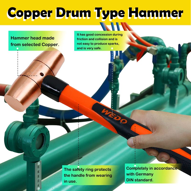 WEDO Copper Sledge Hammer 1/2lb,Solid Copper Mallet Hammer,Fiberglass Handle,Length 280mm,Die-Forged,