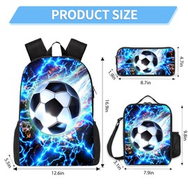 Ansteade 3PCS Boys Backpack, Kids School Backpack with Lunch Box Pencil Case Set, Cool Soccer Backpack for Boys Teens, 17" Schoolbag Bookbag for Elementary Middle High School Students