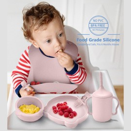Childlike Behavior Baby Feeding Set - Silicone Baby Feeding Set - Weaning Set of 7 - Self Feeding Baby Plates and Bowls Set - Utensils, Plates, Suction Bowls, Bibs, Spoon - Eating Learning Essentials