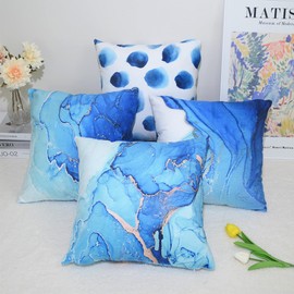 QUALKNOY Velvet Cushion Covers 45x45 cm Set of 4, Abstract Art Modern Decorative Navy Blue Throw Pillow Cases 18x18 inches for Living Room Sofa Garden Outdoor Courtyard Decor Pillowcases