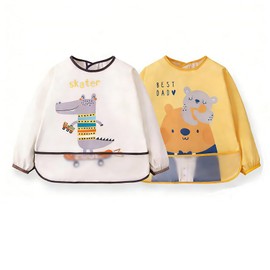 [KAGAWATH] Set of 2 Meal Aprons, Waterproof, Baby Meal Aprons, Long Sleeve, Kids, Lightweight, Spill Pocket, yellow