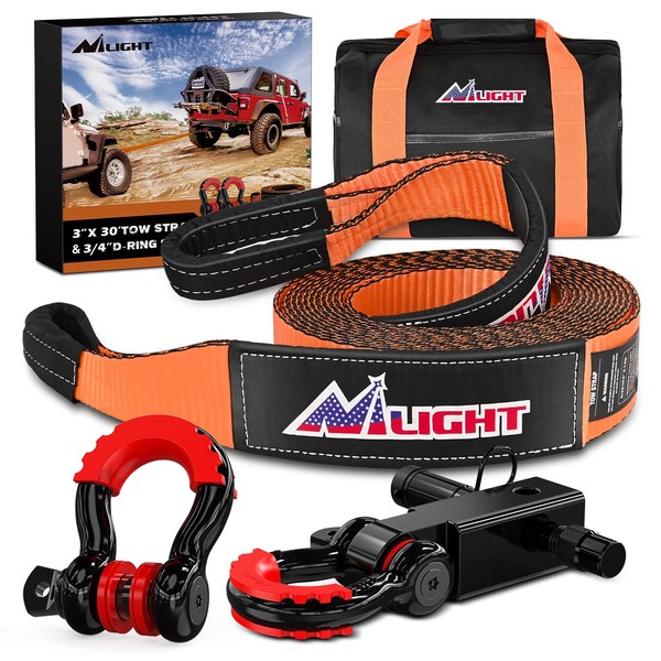 Nilight 3" x 30' Recovery Tow Strap Kit with 2"
