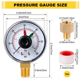 Frienda 2 Pcs 0-60 Psi Pressure Gauge with 2" Dial Compatible with Hayward ECX271261 1/4'' NPT Mount Pool Filter Pressure Gauge with 1/8'' to 1/4'' NPT Adaptor and Seal Tape(Lower Mount)