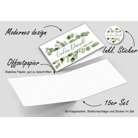 Thank You Card Set - 15 Folding Cards, 15 Envelopes, 15 Stickers, Landscape, Premium Paper