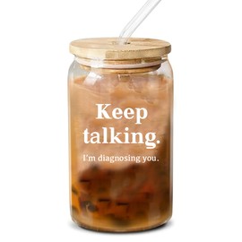 Panvola Keep Talking I’m Diagnosing You Psychologist Counsellor Gifts Glass Cup with Bamboo Lid and Straw Beer Can Shaped Glass Iced Coffee Glasses Drinking Jars Beer Glasses 16oz