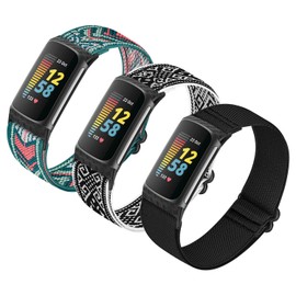 HUYIIO 3 Pack Adjustable Elastic Watch Strap Compatible with Charge 5/Charge 6, Soft Breathable Nylon Sport Band, Stretchy Replacement Strap for Women and Men, No Gemstone