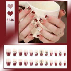 Press on Nails Square Medium Length Glossy Full Cover Acrylic Square Shaped French False Nails with Bow Rhinestone Designs Artificial Short Coffin Fake Nails with Glue ons Fingernails for Women Girls