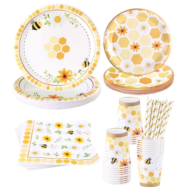 Bee Themed Party Supplies – Serves 16 – Includes Disposable Bee Plates, Cups, Napkins, and Straws Perfect for Bee Decorations, Bumble Bee Birthday Party Pack, Bee Gender Reveal, and Baby Shower