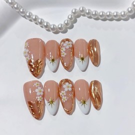 10 Pcs Handmade Flower Press on Nails Medium Almond Fake Nails White French Tip False Nails with 3D Flower Design Thick Acrylic Nails Press ons Fall Reusable Glue on Nail for Women Artificial Nail (S)