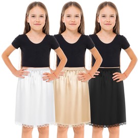 Mepase 3 Pcs Half Slip for Girl Satin Half Slip for Under Dresses Anti Static Extender Lace Long Knee Slip Skirt (Size 10)