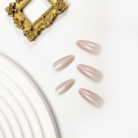 Medium Almond Press on Nails Glossy Nude Fake Nails Glitter False Nails with Solid Color Full Cover Glue on Nails Nature Stick on Nails for Women Girls Gift Nails Set 24 Pcs