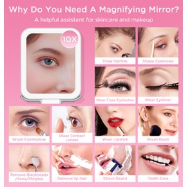 EAONE Travel Makeup Mirror with Lights, Double Sided Magnifying Vanity Mirror 10X/1X with 3 Color Lighting & Dimmable Touch Screen, Compact Handheld Cosmetic Mirror for Travel/Bathroom, Women Gifts