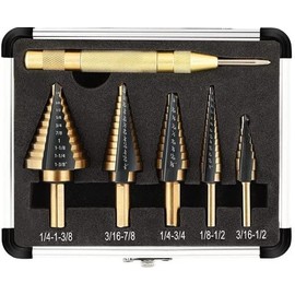 Broca Escalonada Conica HSS Acero Rapido Kit Taladro Juego 5 Brocas + Punzon Diseño de cuchillas de corte doble, 50 tamaños con carcasa de aluminio