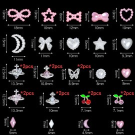 HNUIX 3D Nail Charms and Gems - Multi Shapes, Cherry, Moon, Heart, Butterfly, Star Bow Planet, Pink & White Pearls Flatback Rhinestones, for Nail Art