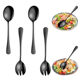 LINGJIA Set of 4 Stainless Steel Salad Servers, Black Salad Servers, Salad Fork and Spoon, Salad Burner with Long Handle, Salad Servers Set, Suitable for Use in Restaurants, Homes, Hotels