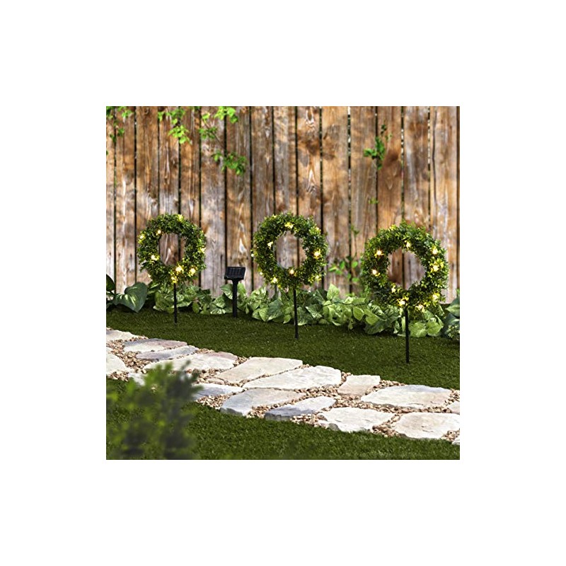 Outdoor Solar Lighted Faux Wreath Trio with Garden Power Stake
