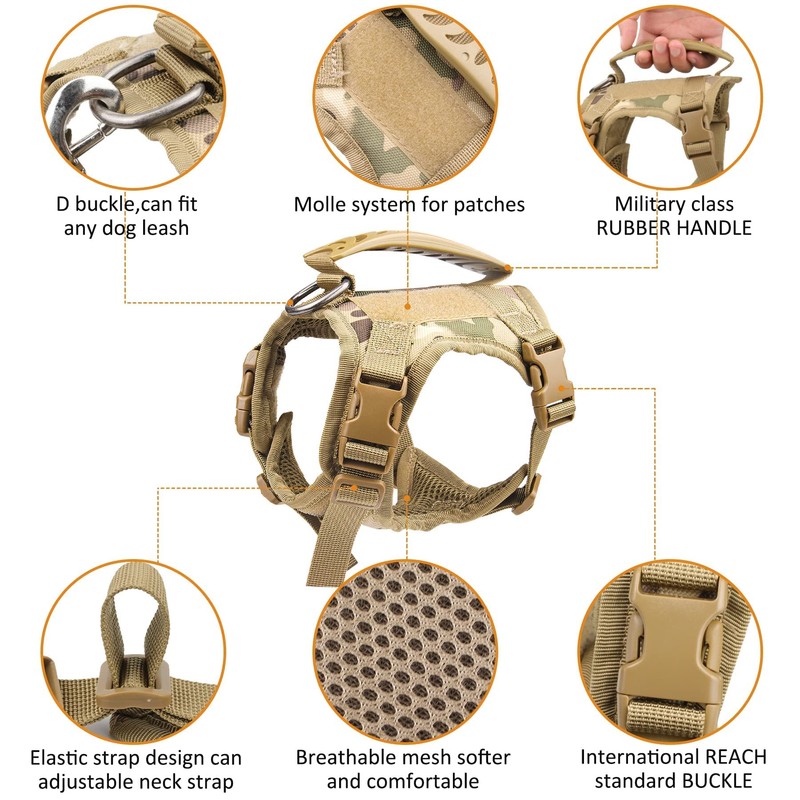 Annchwool Tactical Dog Harness for Small Dogs with Handle, Military