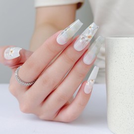 LARSOOY Nails Handmade Press on Nails Long Coffin | Hand Painted Nails with Plum blossom | Reusable Fake Nails with Landscape Painting | False Nails 10 Pcs (Wintersweet through the Mist, S)