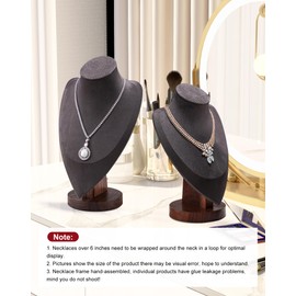 TINGSING Velvet Necklace Display Bust Stand, Walnut Jewelry Mannequin Display Stands, Necklace Mannequin Chain Holder Organizer, Jewelry Showcase Rack for Selling Trade Shows,Grey,Large
