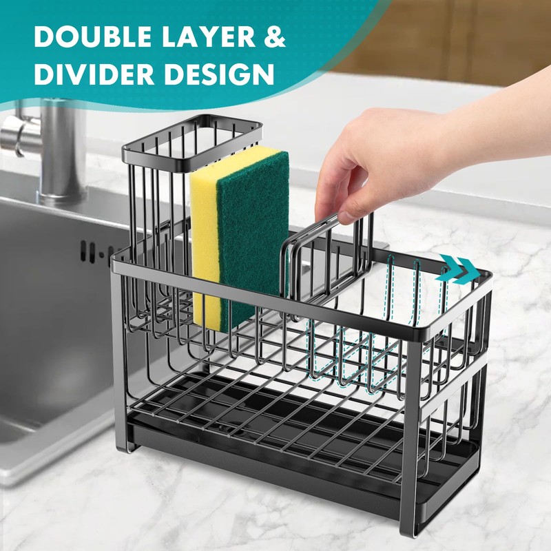 Sinnsally Kitchen Sponge Holder,2 Tier Sink Caddy Organizer with High