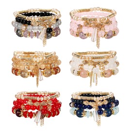 Subiceto 6 Sets Bohemian Stackable Bead Bracelets for Women Stretch Multilayered Bracelet Set Multicolor Jewelry