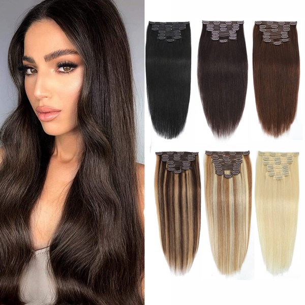 20inch Clip in Hair Extensions Real Human Hair 8pcs 100g Healthy Straight–Double Weft 100% Cuticles Aligned Remy Human Hair Luxury Lace Weft Clip in Human Hair Extensions(20 Inch-100g, #2 Dark Brown)