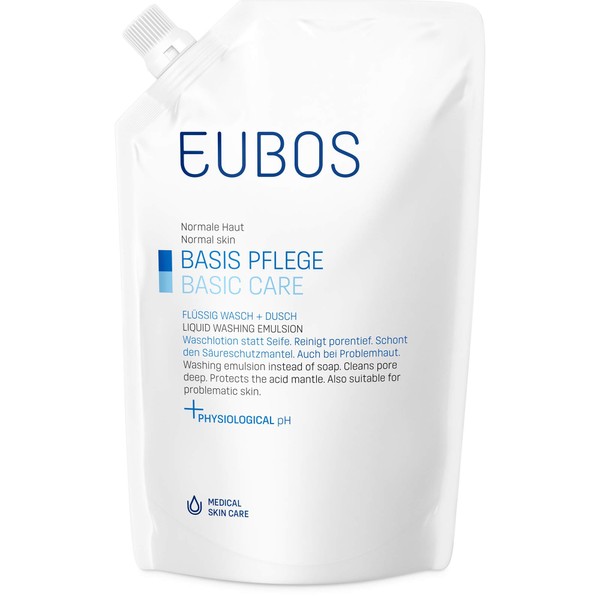 Eubos Refill bag wash emulsion blue, 400 ml, against blemished skin, gentle body cleansing, skin compatibility dermatologically tested, pH neutral