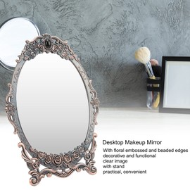 Cyrank Vintage Makeup Mirror, Oval Floral Mirror Decorative Tabletop Makeup Mirror Metal Vintage Mirror Cosmetic Mirror for Home Decorative(Red Bronze)