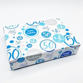 2 Sheets + 2 Matching Gift Tags 50th Birthday Man Wrapping Paper Age 50 Birthday Blue White Giftwrap Male (PA)